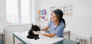 veterinaria en la consulta atendiendo a un gato